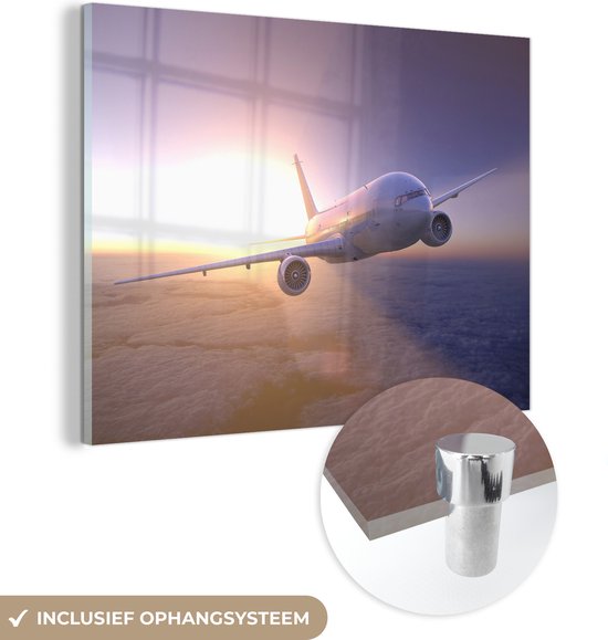 Un avion volant au-dessus des nuages au coucher du soleil Plexiglas 160x120 cm - Tirage photo sur verre (décoration murale plexiglas) XXL / Grand format!