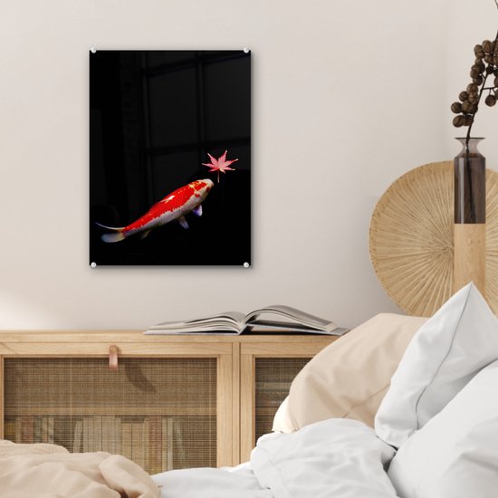 Peinture sur verre - Une carpe koï avec un étang sombre feuille d'érable - 30x40 cm - Peintures sur Verre Peintures - Photo sur Glas