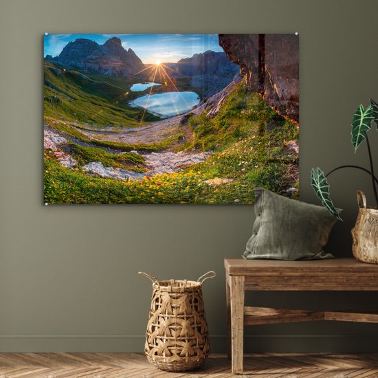 MuchoWow® Peinture sur verre 90x60 cm - Peinture sur verre acrylique - Alpes - Lac - Soleil - Photo sur verre - Peintures