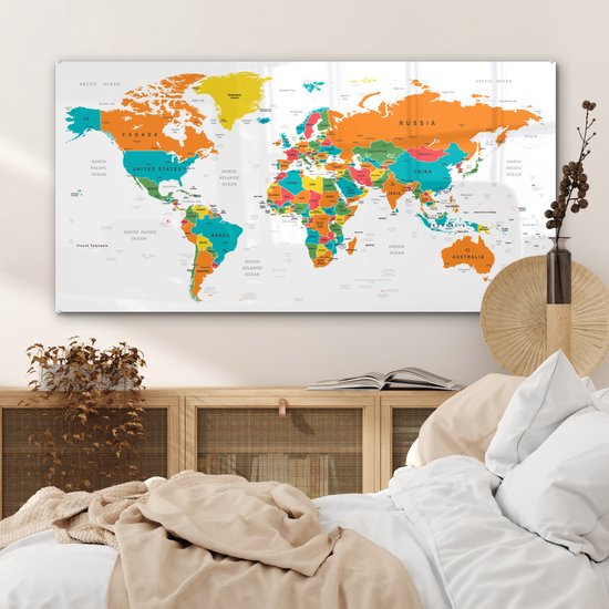 MuchoWow® Peinture sur verre 120x60 cm - Peinture sur verre acrylique - Wereldkaart Enfants - Terre - Topographie - Photo sur verre - Peintures