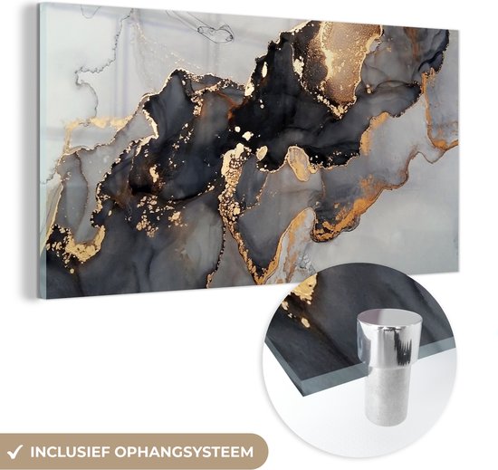 ® Glasschilderij 160x80 cm - Schilderij acrylglas - Zwart - Marmer - Luxe - Goud - Foto op glas - Muurdecoratie woonkamer - Wanddecoratie slaapkamer - Schilderijen