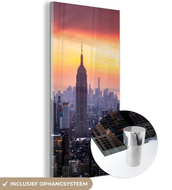 MuchoWow® Peinture sur verre 40x80 cm - Peinture sur verre acrylique - Coucher de soleil sur l' Empire State Building - Photo sur verre - Peintures