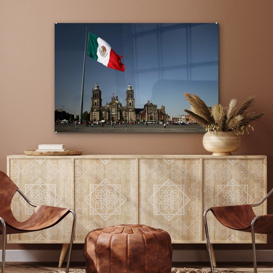 Cathédrale de Mexico et le drapeau mexicain Plexiglas 120x80 cm - Tirage photo sur Glas (décoration murale en plexiglas)