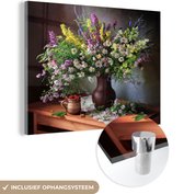 MuchoWow® Glasschilderij 160x120 cm - Schilderij acrylglas - Bloemen - Tafel - Stilleven - Boeket - Vaas - Foto op glas - Muurdecoratie woonkamer - Wanddecoratie slaapkamer - Schilderijen