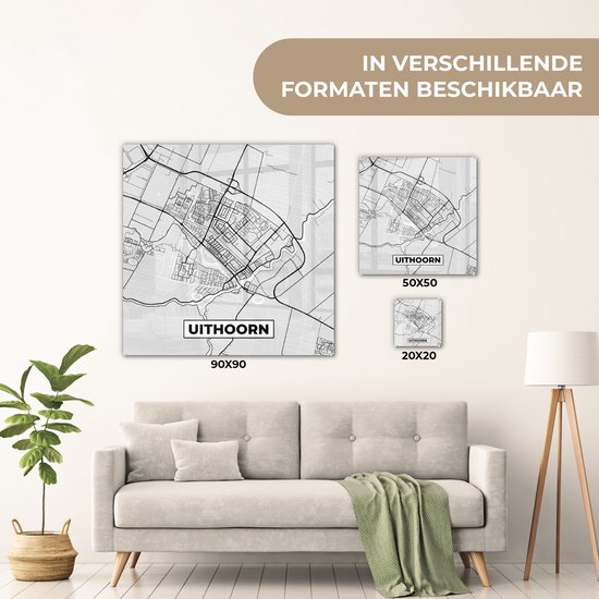 Peinture sur Verre - Carte de la Ville - Uithoorn - Grijs - Wit - 20x20 cm - Peintures sur Verre Peintures - Photo sur Glas - Carte