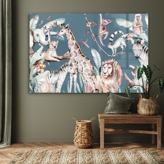 MuchoWow® Peinture sur verre 150x100 cm - Peinture sur verre acrylique - Peinture aquarelle - Jungle - Animaux - Garçons - Blauw - Enfants - Photo sur verre - Peintures