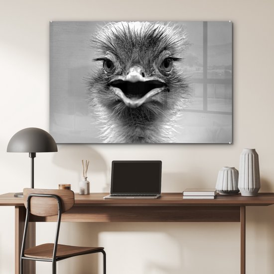 MuchoWow® Peinture sur verre 120x80 cm - Peinture sur verre acrylique - Autruche en gros plan - noir et blanc - Photo sur verre - Peintures
