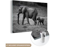 MuchoWow® Glasschilderij 120x80 cm - Schilderij acrylglas - Kind rent achter moeder olifant aan - zwart wit - Foto op glas - Schilderijen