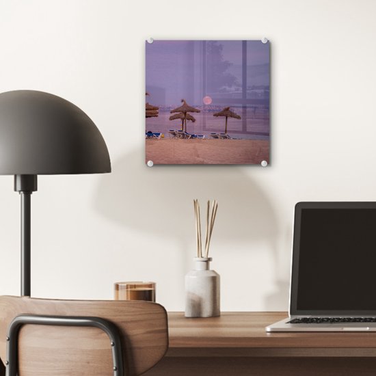 MuchoWow® Peinture sur verre 20x20 cm - Peinture sur verre acrylique - Majorque - Plage - Chaises longues - Photo sur verre - Peintures