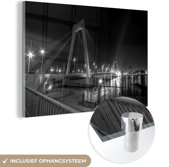 MuchoWow® Glasschilderij 90x60 cm - Schilderij acrylglas - Willemsbrug en de Erasmusbrug in Rotterdam - zwart wit - Foto op glas - Schilderijen