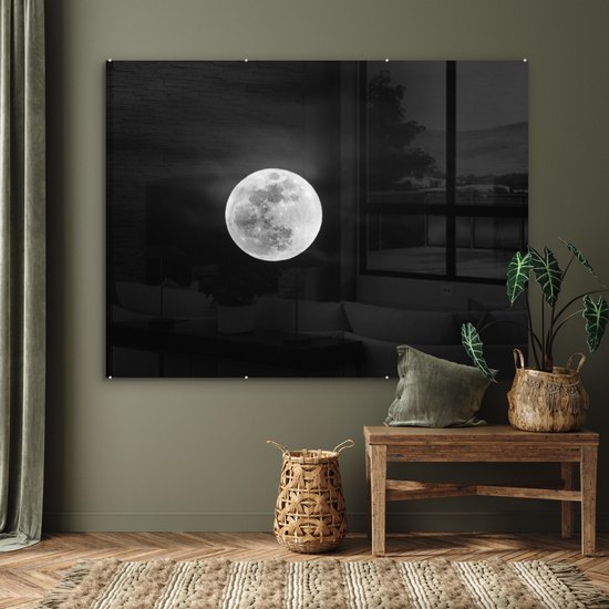 MuchoWow® Peinture sur verre 160x120 cm - Peinture sur verre acrylique - Pleine lune dans le ciel nocturne - noir et blanc - Photo sur verre - Peintures