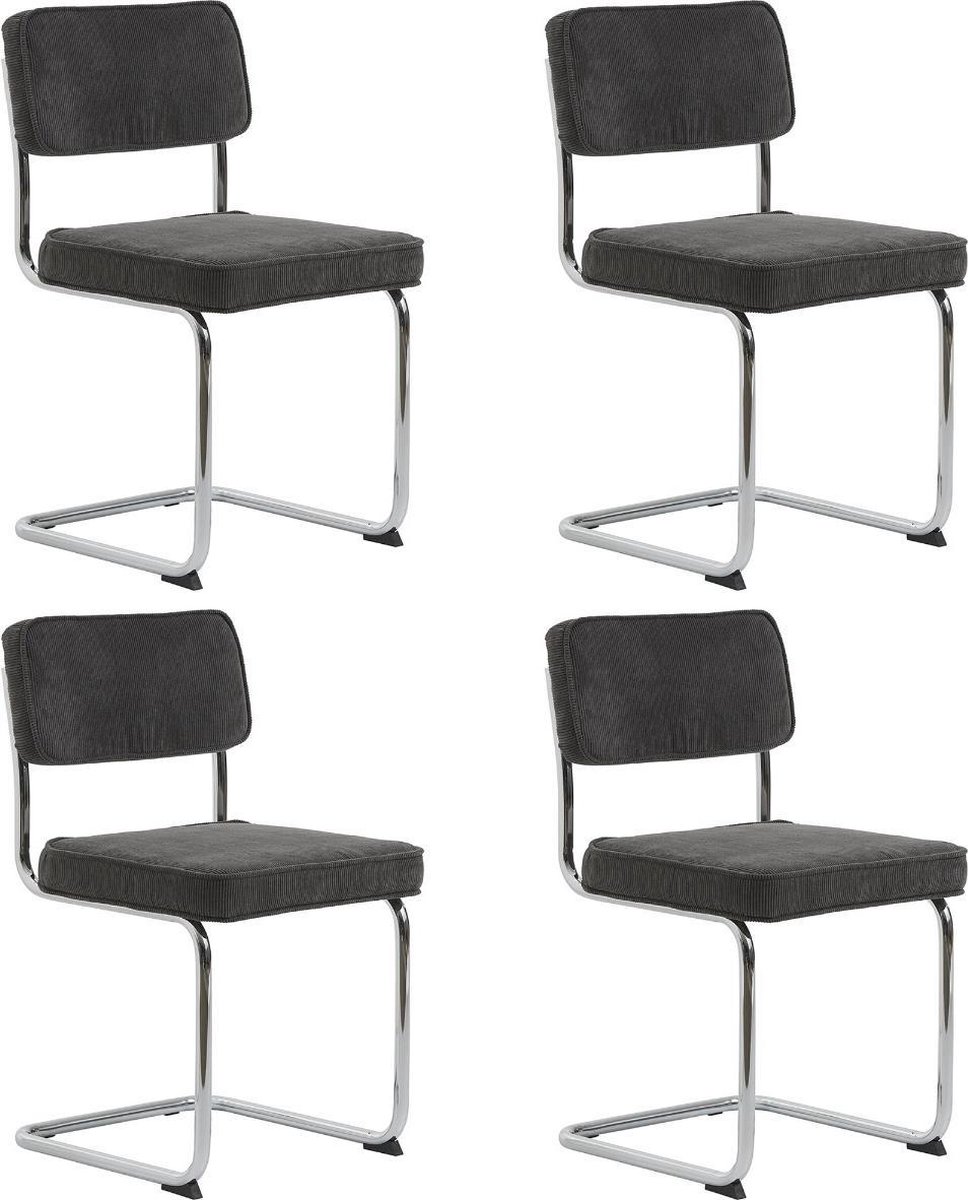 24Designs Jayson Stoel - Set Van 4 - Rib Stof Grijs - Chromen Sledeframe
