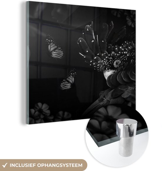 MuchoWow® Glasschilderij 50x50 cm - Schilderij acrylglas - Vlinders - Planten - Jungle - Zwart - Wit - Foto op glas - Schilderijen