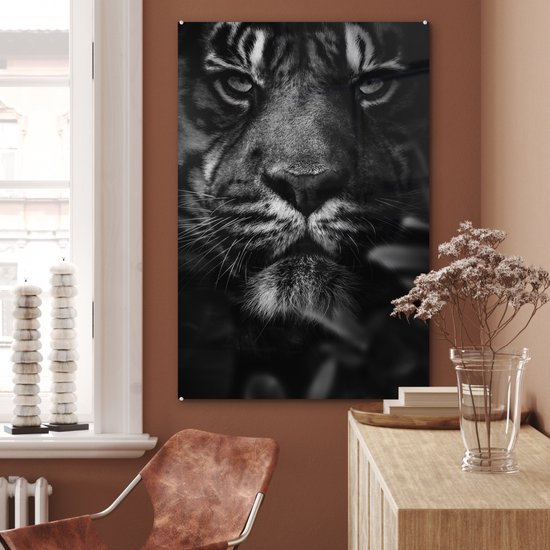 Peinture sur verre - Gros plan d'un tigre dans la jungle - noir et blanc - 80x120 cm - Peintures sur Verre Peintures - Photo sur Glas