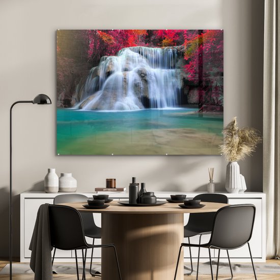 Peinture sur verre - Plaque acrylique - Cascade - Érable japonais - Rouge - Water - Photo sur verre - Verre acrylique - Peinture sur Verres - Décoration de chambre - 120x90 cm - Décoration murale