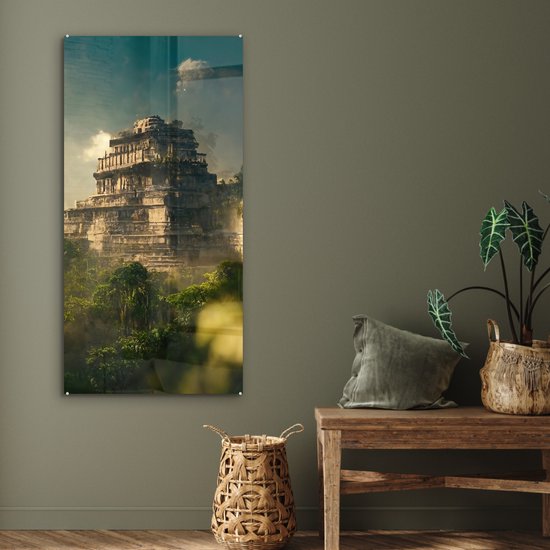 MuchoWow - Peinture sur verre - Photo sur verre - Jungle - Temple - Ciel - Nuages ​​- Vert - Peinture sur verre - Verre acrylique - Décoration de chambre - 60x120 cm - Décoration murale murale - Peintures de salon