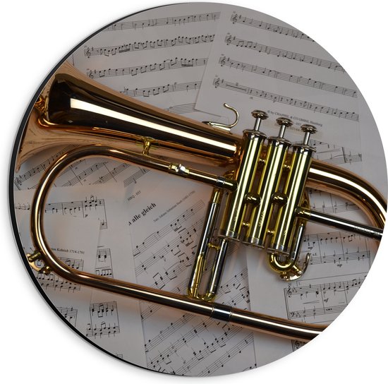 Dibond Muurcirkel - Gouden Trompet op Muzieknoten Bladeren - 20x20 cm Foto op Aluminium Muurcirkel (met ophangsysteem)