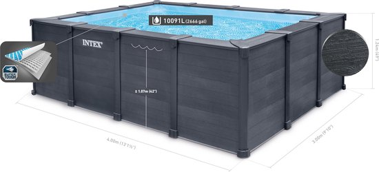 Een grijs rechthoekig Intex zwembad van 4m x 3m x 1.24m, met detail van de houtnerfstructuur.