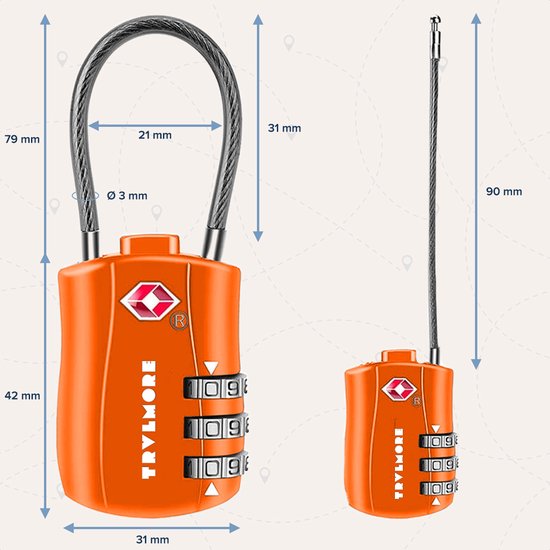 Afmetingen van een oranje TSA-combinatieslot met kabel, zowel gesloten als uitgeschoven.