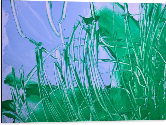 Dibond - Groen met Blauwe Verf op Doek - 80x60 cm Foto op Aluminium (Wanddecoratie van metaal)
