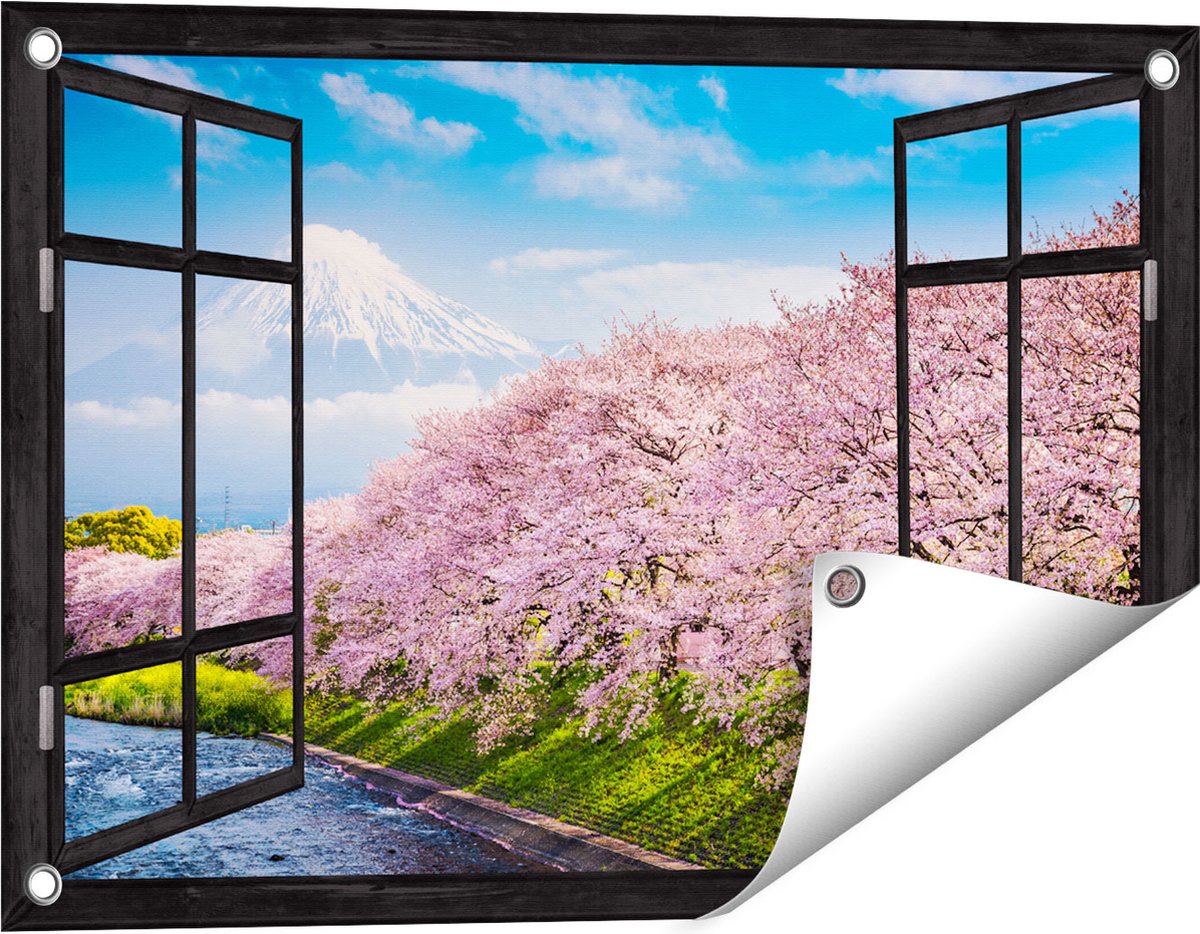 Gards Tuinposter Doorkijk Roze Bloesembomen bij de Fuji Berg - 60x40 cm - Tuindoek - Tuindecoratie - Wanddecoratie buiten - Tuinschilderij Zwart