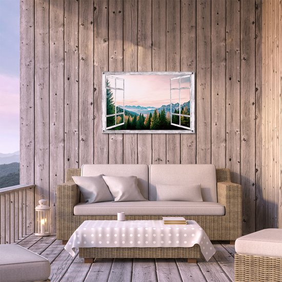 Gards Tuinposter Doorkijk Bos met Bomen bij Bergen Landschap - 90x60 cm - Tuindoek - Tuindecoratie - Wanddecoratie buiten - Tuinschilderij