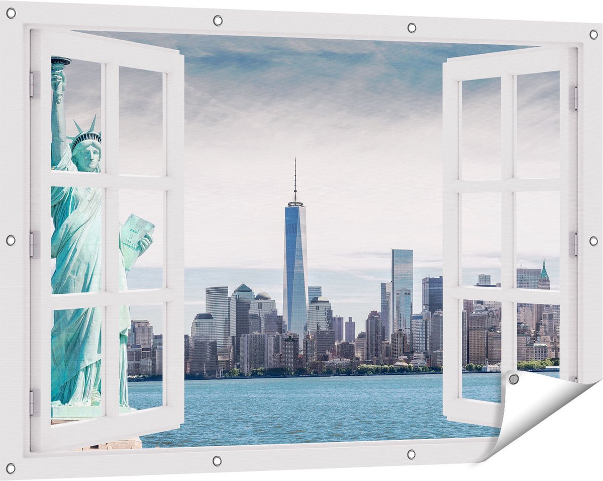 Gards Tuinposter Doorkijk Vrijheidsbeeld in New York - 120x80 cm - Tuindoek - Tuindecoratie - Wanddecoratie buiten - Tuinschilderij Wit