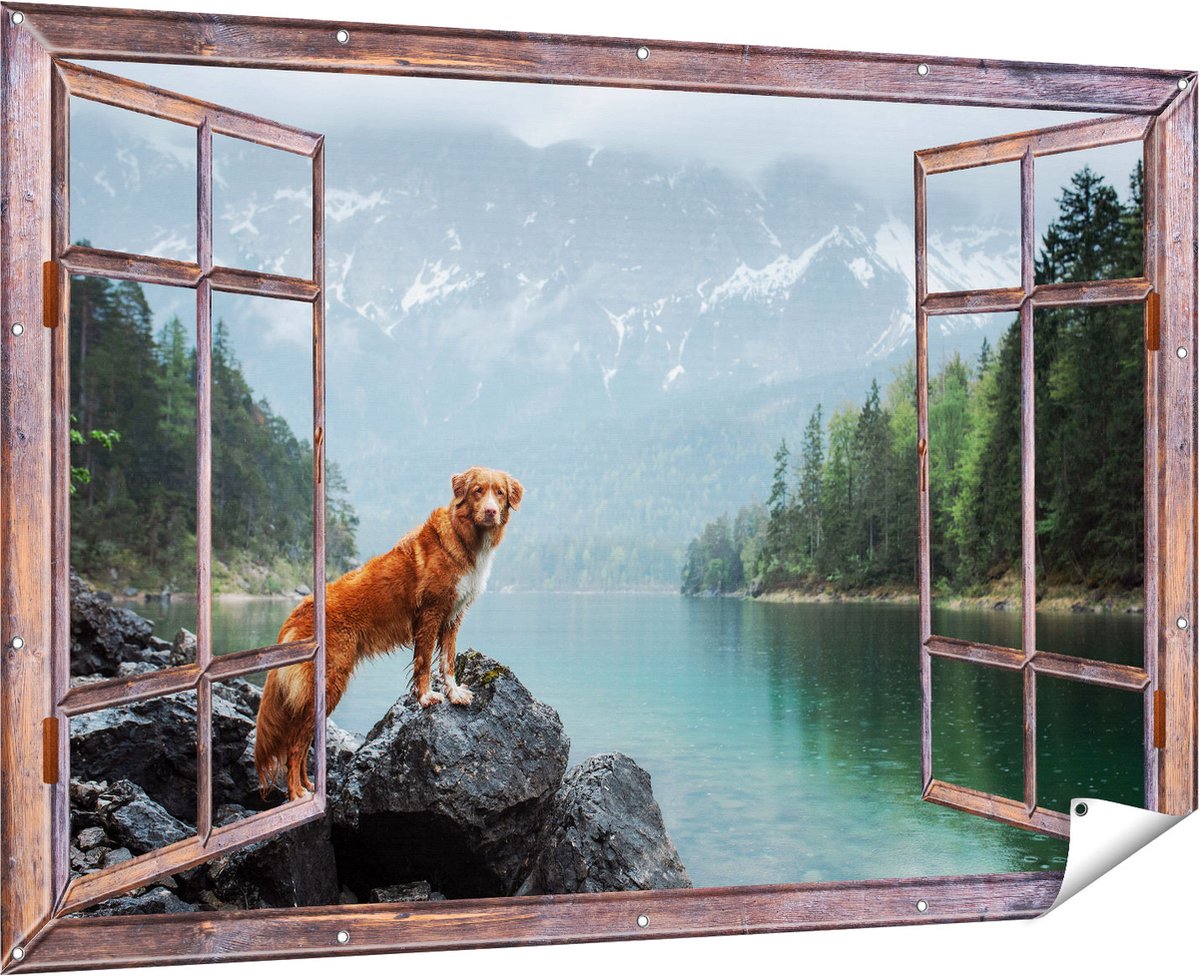 Gards Tuinposter Doorkijk Retriever Hond bij het Water in de Bergen - 180x120 cm - Tuindoek - Tuindecoratie - Wanddecoratie buiten - Tuinschilderij Multikleur