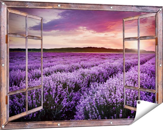 Gards Tuinposter Doorkijk Bloemenveld met Paarse Lavendel - Bloemen - 120x80 cm - Tuindoek - Tuindecoratie - Wanddecoratie buiten - Tuinschilderij