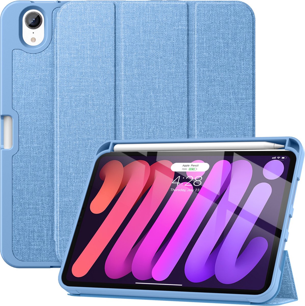 Geschikt Voor iPad Mini 6 Hoes - Mini 2021 Hoes - Solidenz Trifold Bookcase - Mini 6 Cover - Mini 6 Case - Smart Case Cover - 6e Generatie - Shockproof - Met Autowake - Met Standaard - Hoesje Met Pencil Houder - Blauw