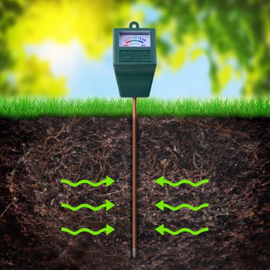 Groene vochtigheidsmeter in de aarde, met pijlen die bodemvocht aangeven.