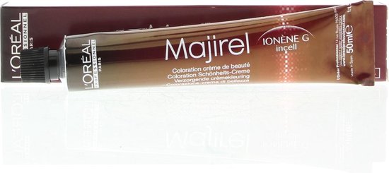 Tube de teinture Majirel brun avec emballage brun et noir.
