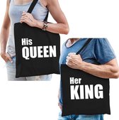 His queen en her king katoenen tassen zwart met witte tekst - tasje / shopper voor volwassenen