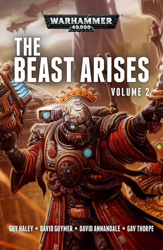 Couverture du livre Warhammer 40,000 : The Beast Arises Volume 2. Un soldat en armure porte une robe rouge et une arme.