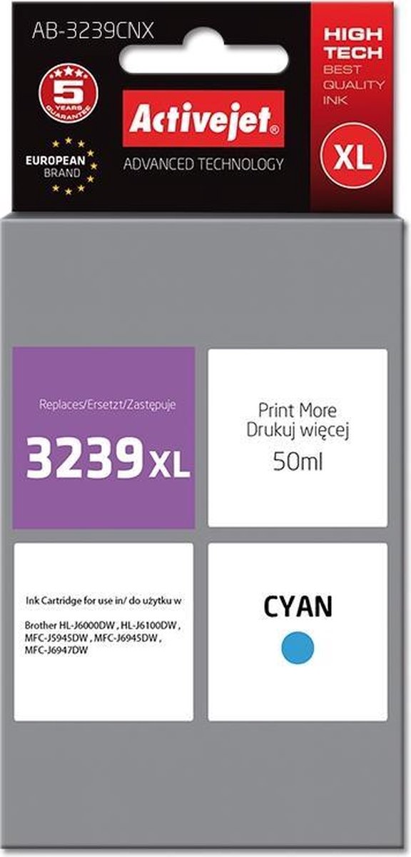 ActiveJet AB-3239CNX-inkt voor brotherprinter; Brother LC3239XLC vervanging; Opperste; 50 ml; cyaan.