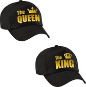 The King en The Queen petten / caps zwart met gouden letters en kroon voor volwassenen - Koningsdag - verkleedpet / feestpet voor koppels