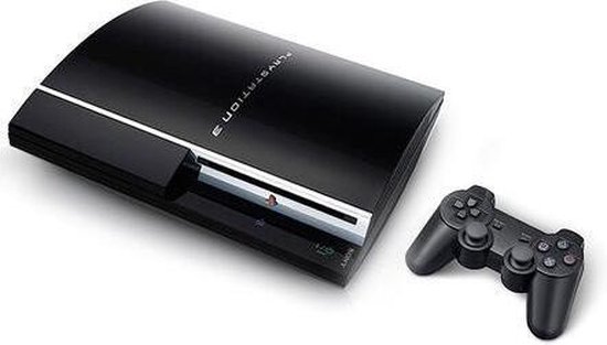 Glanzende zwarte PlayStation 3 console met bijpassende draadloze controller.