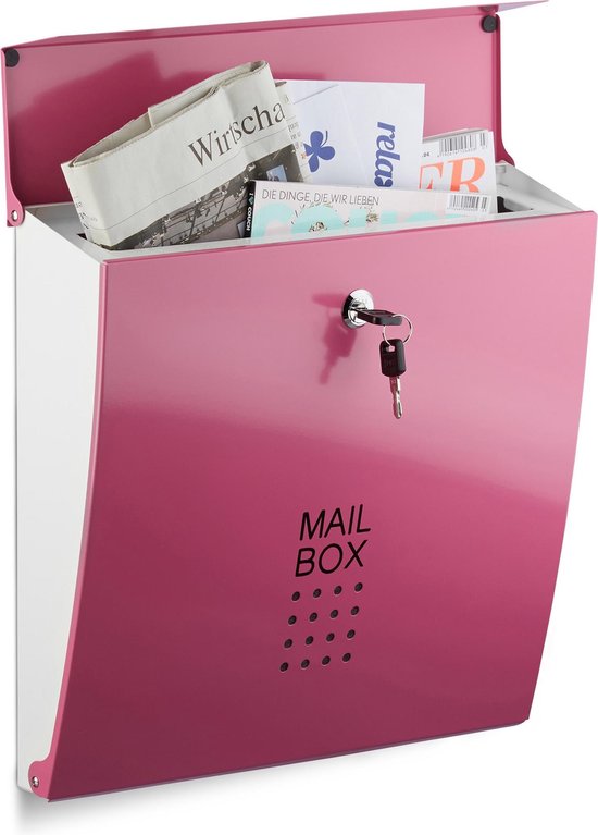 relaxdays brievenbus modern verschillende kleuren, A4-formaat, staal  wandmontage roze | bol