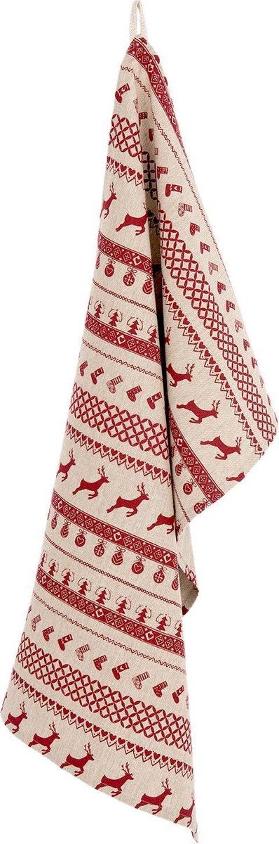 Clayre & Eef Theedoek 50x85 cm Rood Beige Katoen Kerst