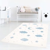 Vloerkleed kinderkamer Wolk & Ster 3D - crème/blauw 120x120 cm