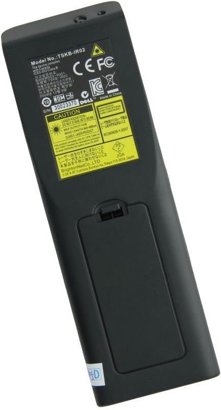 Zwarte Dell beamer afstandsbediening met CE, FCC en Made in China keurmerken.
