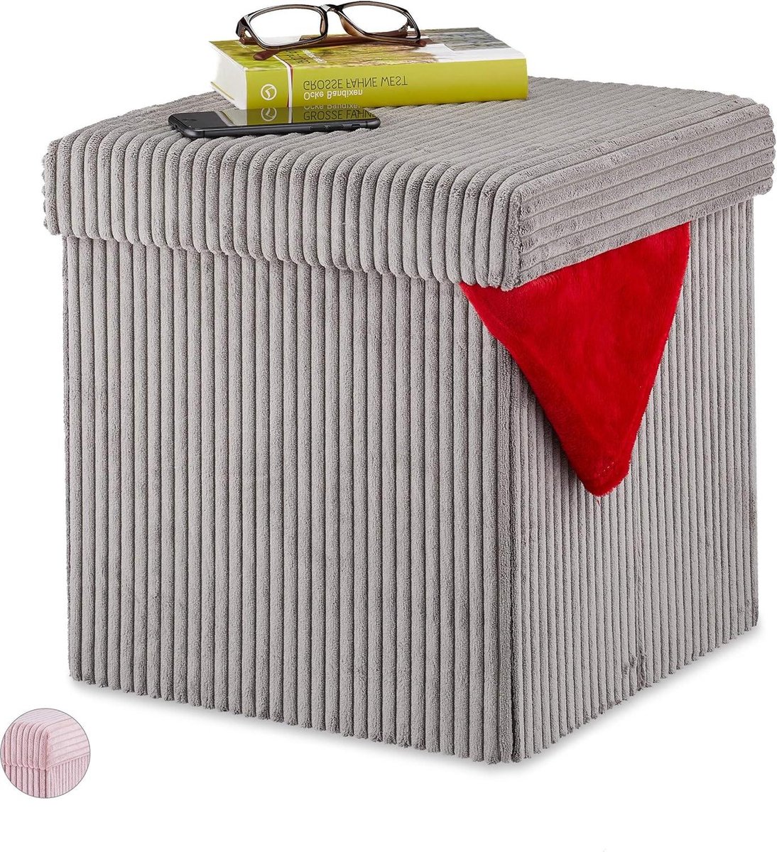Opvouwbare fluwelen poef met opbergruimte - grijs - 38x38x38 cm