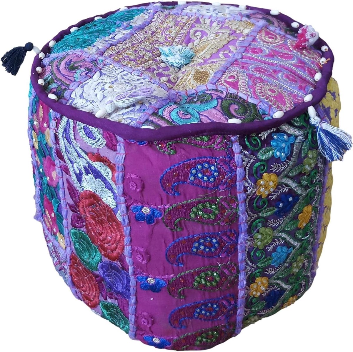 Boheemse Indiase Ottomaanse Poef Stoel - Paars Patchwork Interieur Decor - Geborduurde Vloerkussen