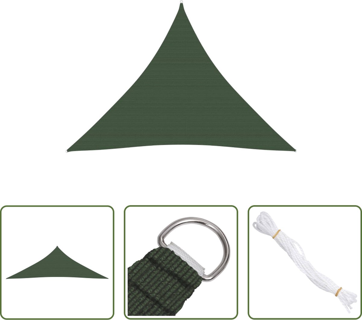 Shade sail in dark green HDPE fabric, 5x5x5 meters, outdoor decorative element for gardens.