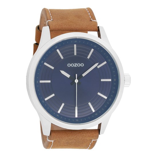 OOZOO Timepieces - Zilverkleurige horloge met camel leren band - C9075