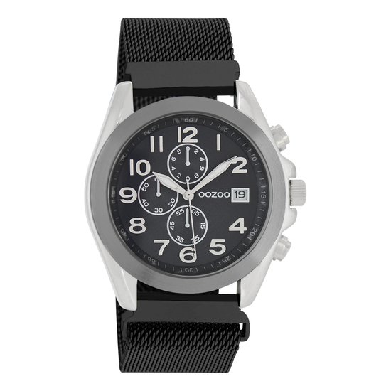 OOZOO Timepieces - Zilverkleurige horloge met zwarte metalen mesh armband - C10733