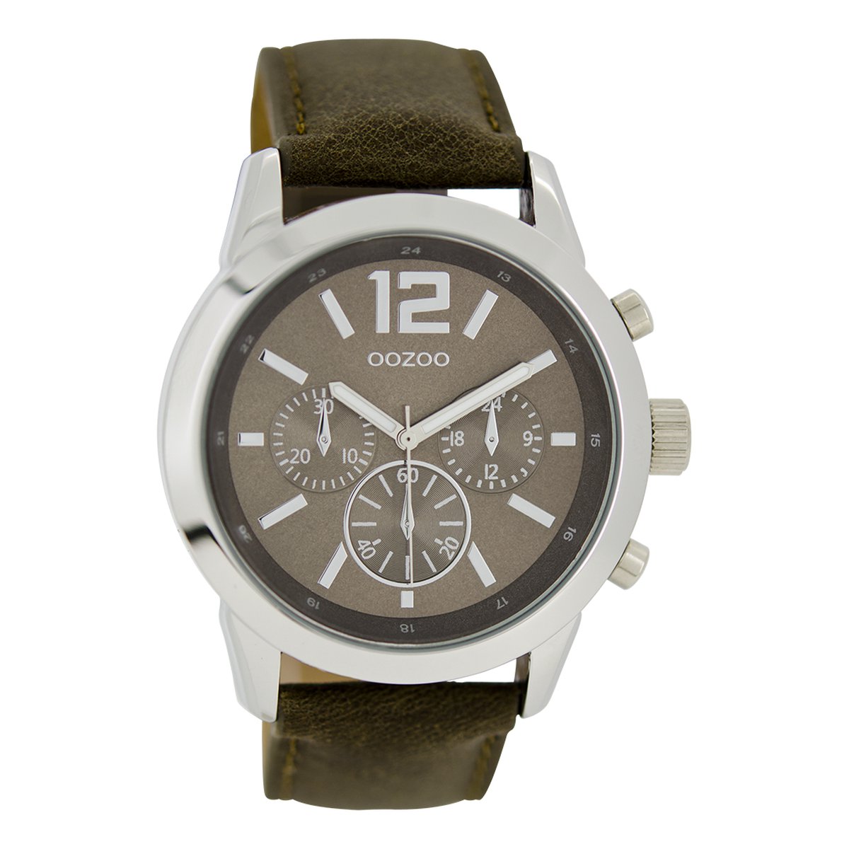 OOZOO Timepieces - Zilverkleurige horloge met donker bruine leren band - C6181