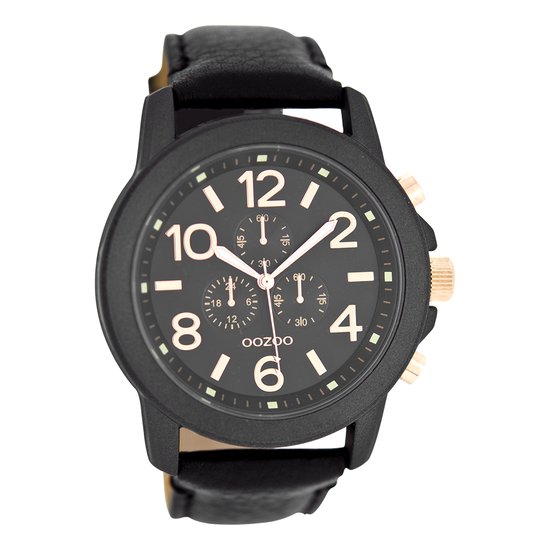 OOZOO Timepieces - Zwarte horloge met zwarte leren band - C6064