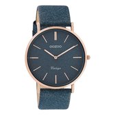 OOZOO Timepieces - Rosé goudkleurige horloge met donker blauwe leren band - C20163