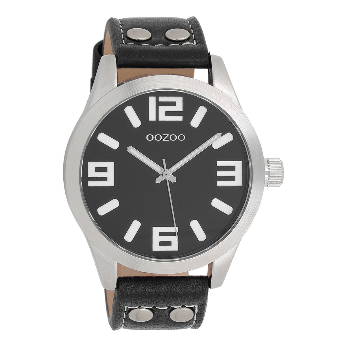 OOZOO Timepieces - Zilverkleurige horloge met zwarte leren band - C1054